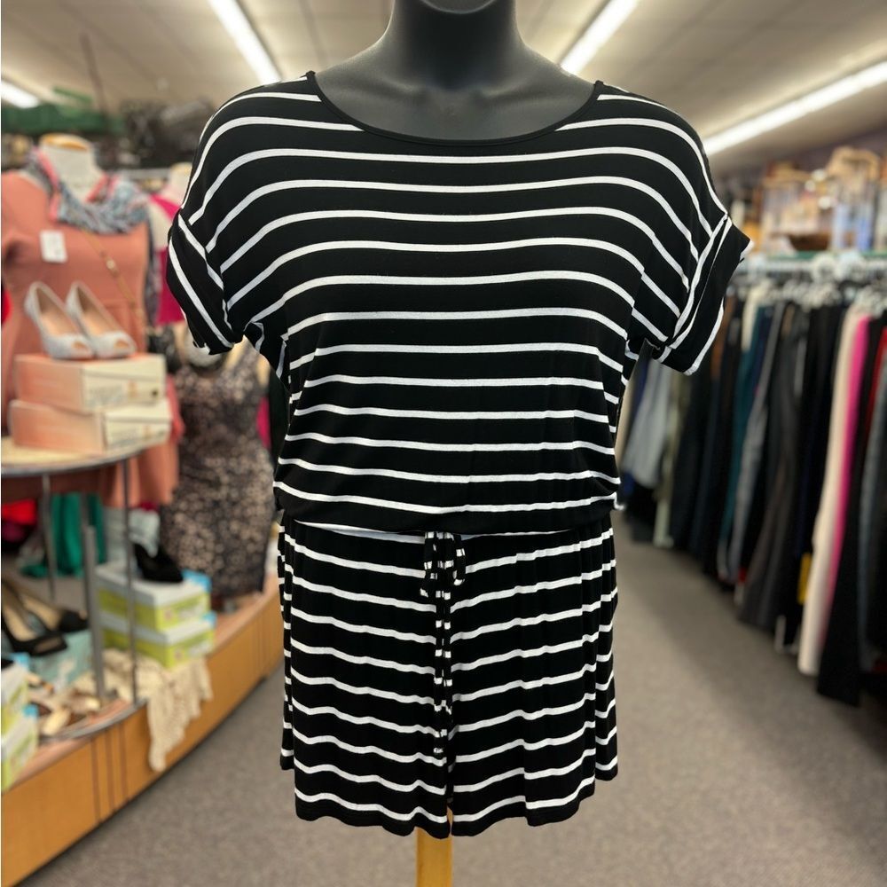 🛍️ Zenana Ladies Small Black White Striped Romper